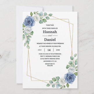 Dusty Blue Rose and Gold Geometric Wedding Invitation