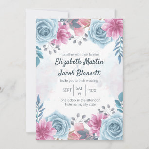 Dusty Blue Rose and Pink Floral Wedding Invitation