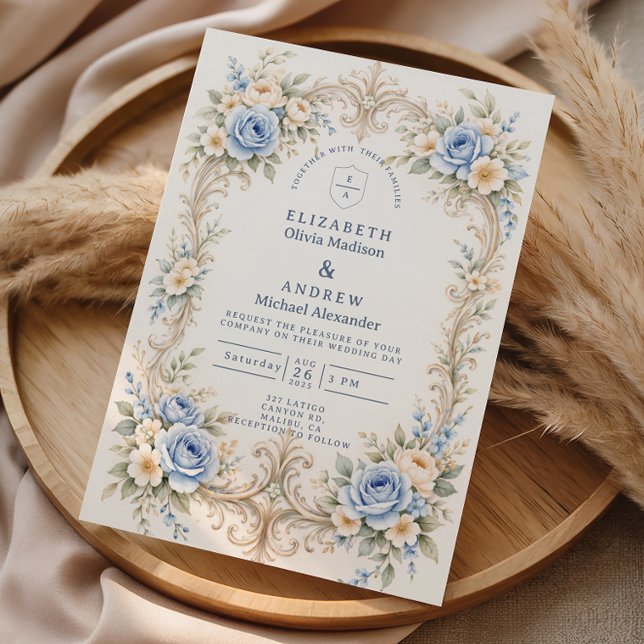 Dusty Blue Rose Baroque Wedding Invitation (Creator Uploaded)