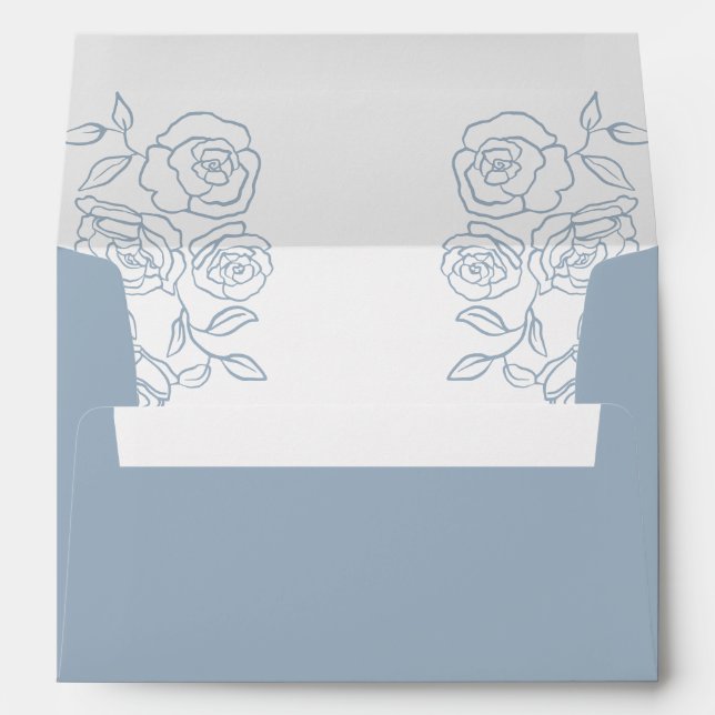Dusty Blue Rose Botanical Wedding Line Art Floral Envelope (Back (Bottom))