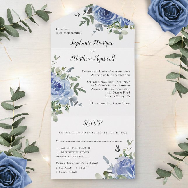 Dusty Blue Rose Eucalyptus Botanical Wedding All In One Invitation (Creator Uploaded)