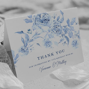Dusty Blue Rose Floral 70th Birthday Thank You Card