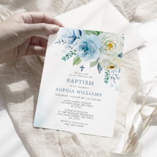 Dusty Blue Rose Floral Baptism Invitation