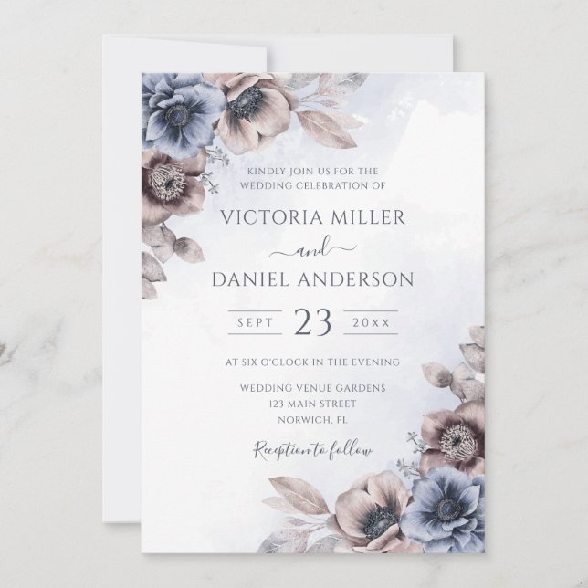 Dusty Blue Rose Floral Botanical Wedding Invitation (Front)