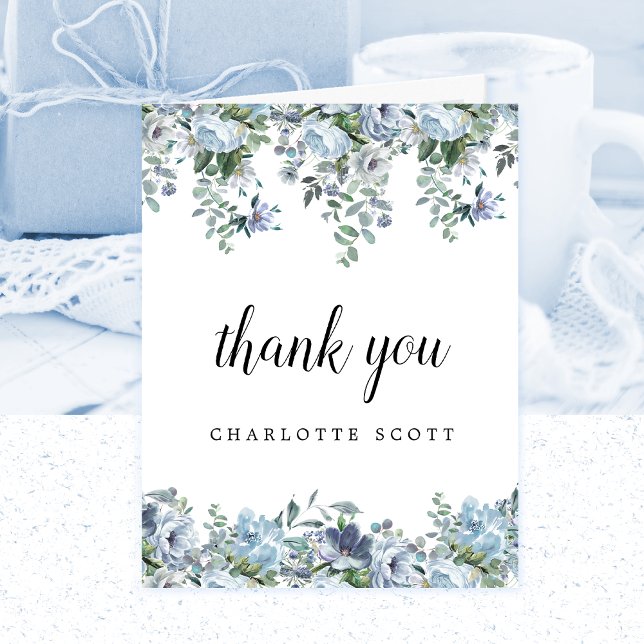 Dusty Blue Rose Floral Bridal Shower Photo Thank You Card (Creator Uploaded)