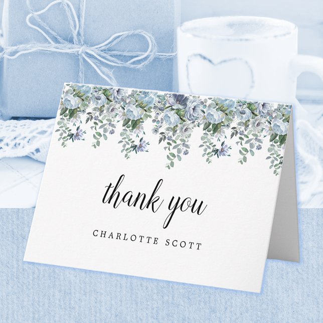 Dusty Blue Rose Floral Bridal Shower Photo Thank You Card (Creator Uploaded)