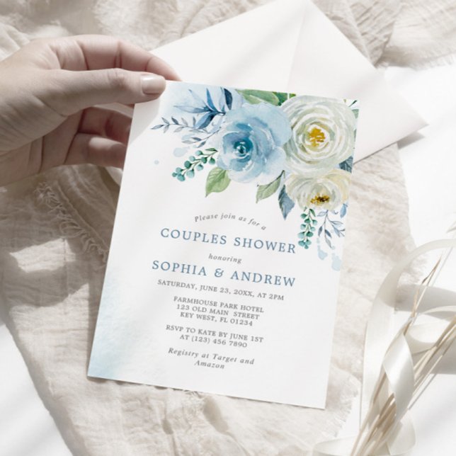 Dusty Blue Rose Floral Couples Shower Invitation (Creator Uploaded)