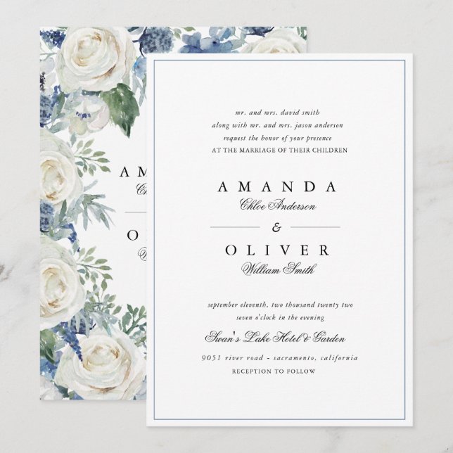 Dusty Blue Rose Floral Elegant Classic Wedding  Invitation (Front/Back)