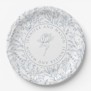 Dusty blue rose floral pattern wedding paper plate