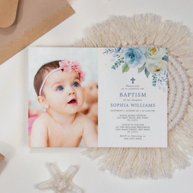 Dusty Blue Rose Floral Photo Girl Baptism Invitation (Creator Uploaded)