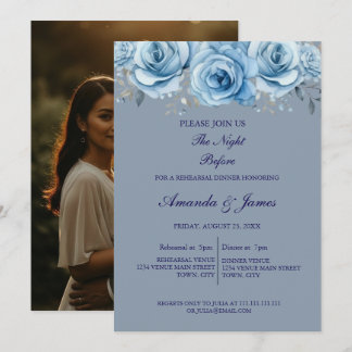 Dusty Blue Rose Floral Photo Rehearsal Dinner  Invitation