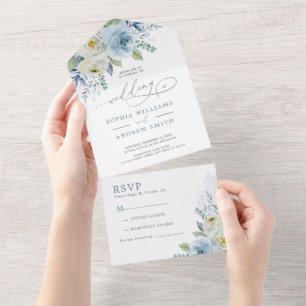 Dusty Blue Rose Flowers Wedding All In One Invitation