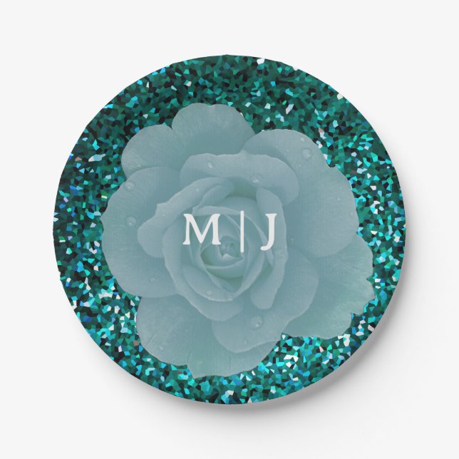 Dusty Blue Rose Glittery Monogram Elegant Wedding Paper Plate (Front)