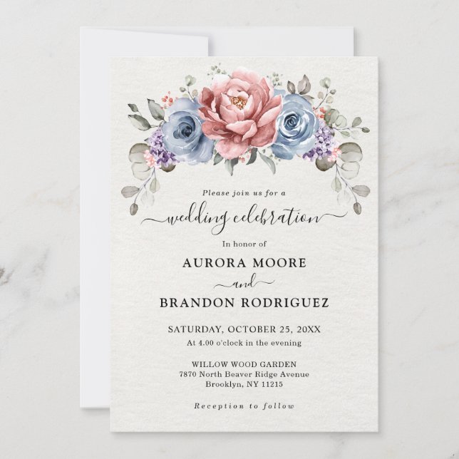 Dusty Blue Rose Gold Coral Purple  Wedding Invitation (Front)