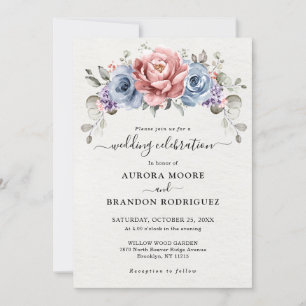 Dusty Blue Rose Gold Coral Purple  Wedding Invitation
