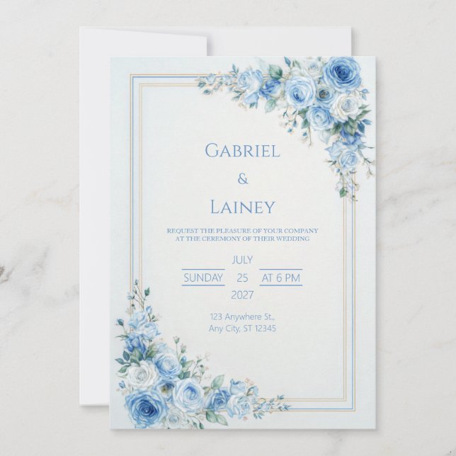 Dusty Blue Rose Gold Double Frame Wedding Invitation (Front)