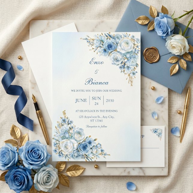 Dusty Blue Rose Gold Double Frame Wedding Invitation (Creator Uploaded)