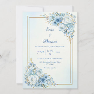 Dusty Blue Rose Gold Double Frame Wedding Invitation