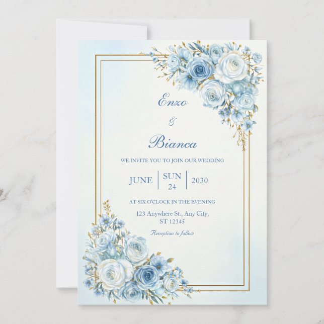 Dusty Blue Rose Gold Double Frame Wedding Invitation (Front)