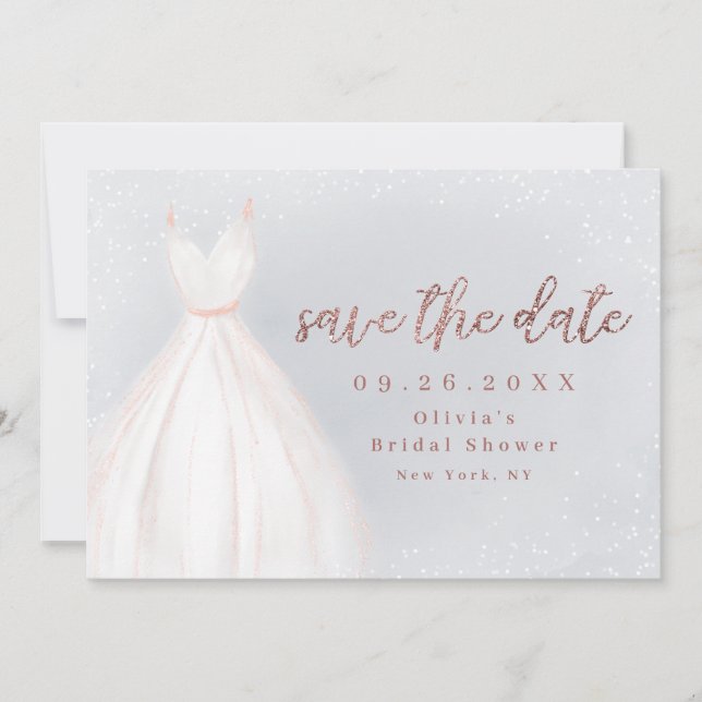 Dusty blue Rose Gold Elegant Dress Save The Date (Front)