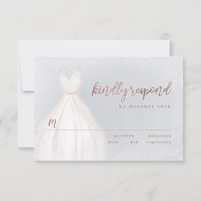 Dusty Blue Rose Gold Elegant Sparkle Dress RSVP Card (Front)