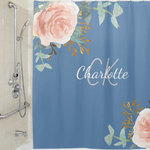 Dusty blue rose gold floral greenery monogram name shower curtain