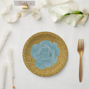 Dusty Blue Rose Gold Glitter Bridal Shower Wedding Paper Plate