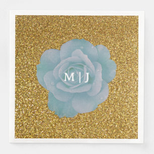 Dusty Blue Rose Gold Glitter Monograms Wedding Napkin