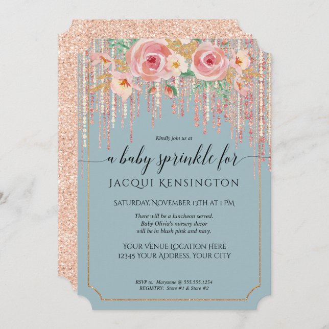 Dusty Blue Rose Gold Glitter Pink Floral Sprinkle Invitation (Front/Back)