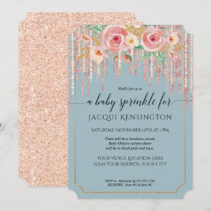 Dusty Blue Rose Gold Glitter Pink Floral Sprinkle Invitation