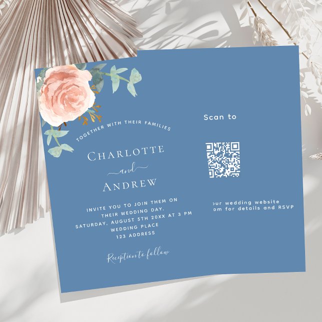 Dusty blue rose gold luxury QR RSVP wedding Invitation (Creator Uploaded)