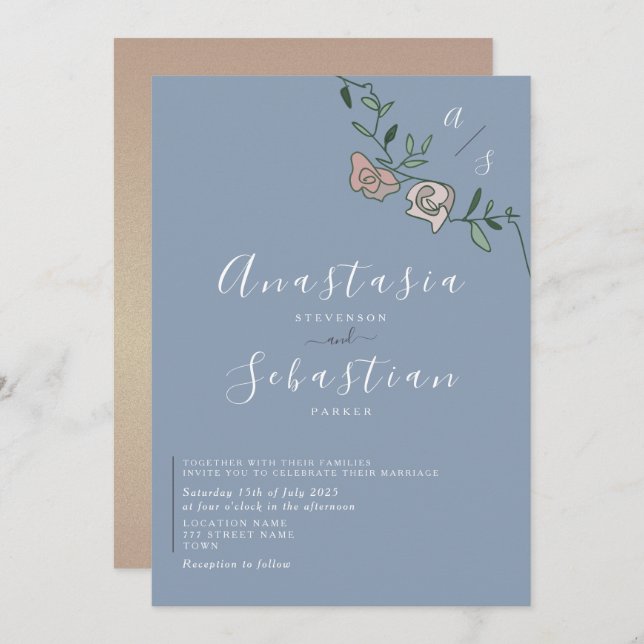 Dusty Blue Rose Gold Pink Floral Wedding Invitation (Front/Back)