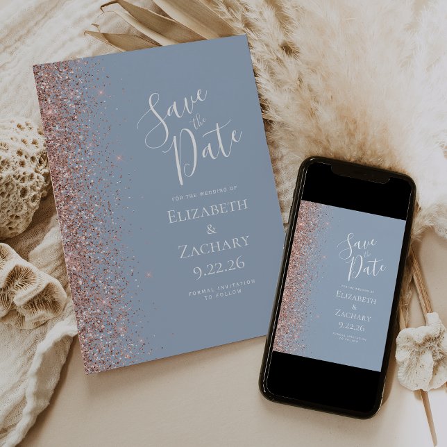 Dusty Blue Rose Gold Save the Date Announcement (Creator Uploaded)