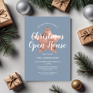 Dusty Blue Rose Gold Star Christmas Open House Invitation