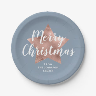 Dusty Blue Rose Gold Star Merry Christmas Paper Plate