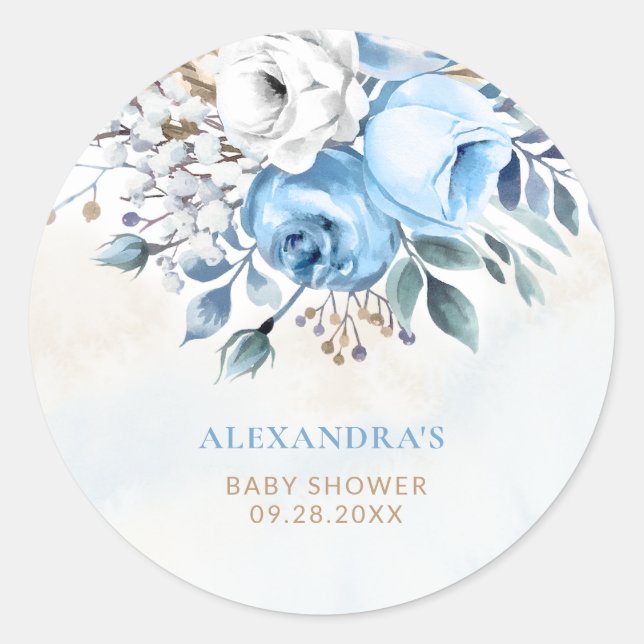 Dusty Blue Rose in Bloom Spring Summer Baby Shower Classic Round Sticker (Front)
