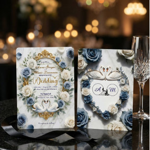 Dusty Blue Rose Marble Swan Fairytale Wedding Invitation