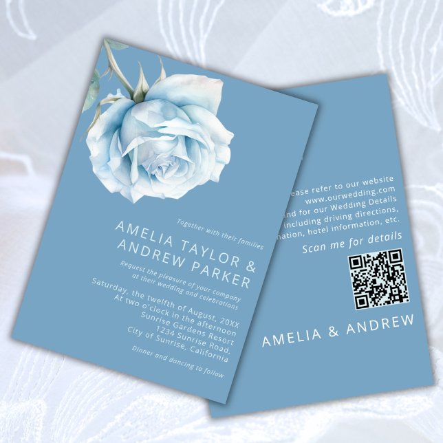 Dusty Blue Rose Modern Watercolor Floral Wedding Invitation (Dusty Blue Rose Modern Watercolor Floral Wedding Invitation
QR code rsvp)