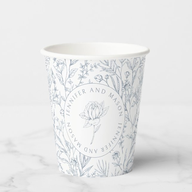 Dusty blue rose monogram floral wedding paper cups (Front)