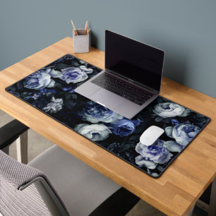 Dusty Blue Rose Moody Dark Floral Romantic Desk Mat
