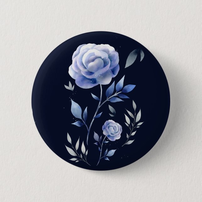 dusty blue rose navy blue elegant floral 6 cm round badge (Front)