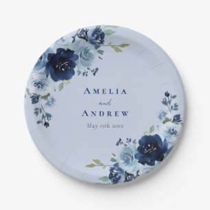 Dusty Blue Rose Navy Floral Elegant Wedding Paper Plate