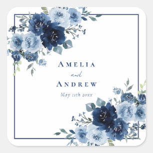 Dusty Blue Rose Navy Floral Elegant Wedding Square Sticker