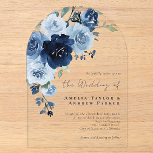 Dusty Blue Rose Navy Floral QR Code Wedding Acrylic Invitations