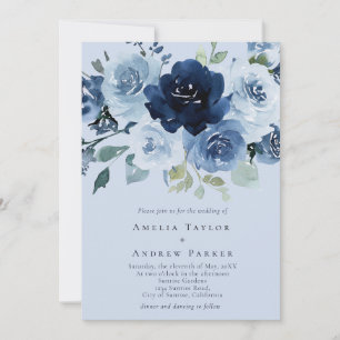 Dusty Blue Rose Navy Floral QR Code Wedding Invitation