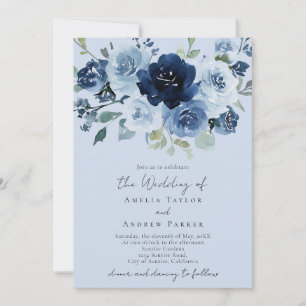Dusty Blue Rose Navy Floral QR Code Wedding Invitation