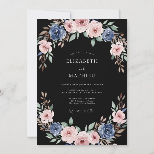 Dusty Blue Rose Painterly Flourish Wedding Invitation (Front)