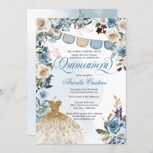 Dusty Blue Rose Papel Picado Country Quinceañera Invitation