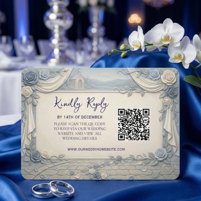 Dusty Blue Rose QR Code Wedding  RSVP Card (Creator Uploaded)