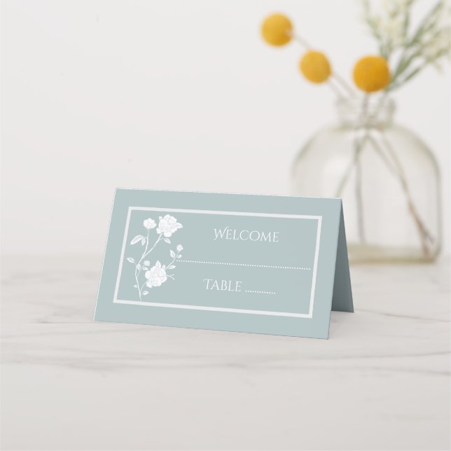 Dusty Blue Rose Reception Place Card (Front)